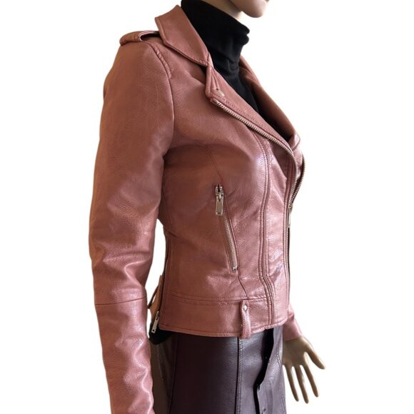 🎄 NWOT🛍️ Mango Faux Leather Pink Holiday Cocktail DUSTY ROSE MOTO JACKET XXS - Picture 3 of 6